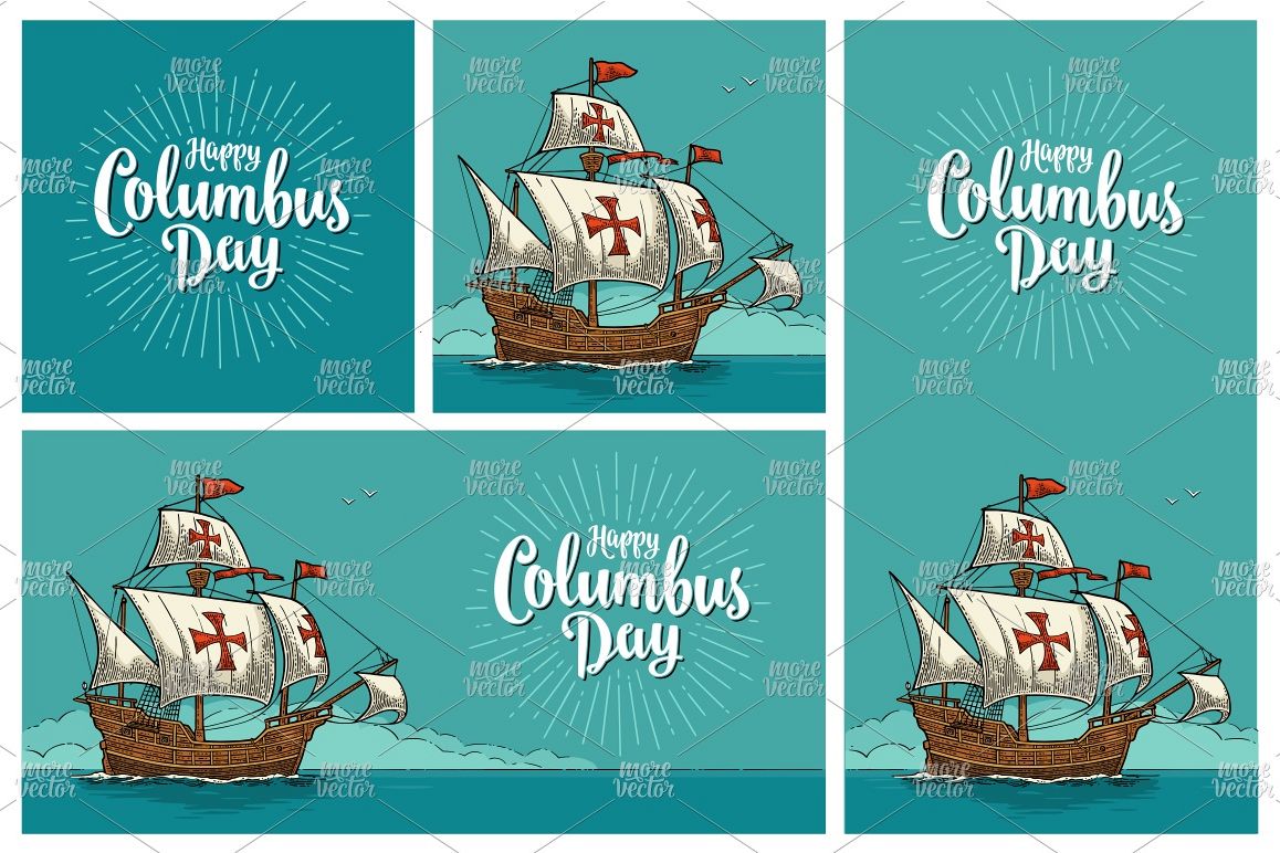 Posters Happy Columbus Day Sailing ship floating engraving example image 1