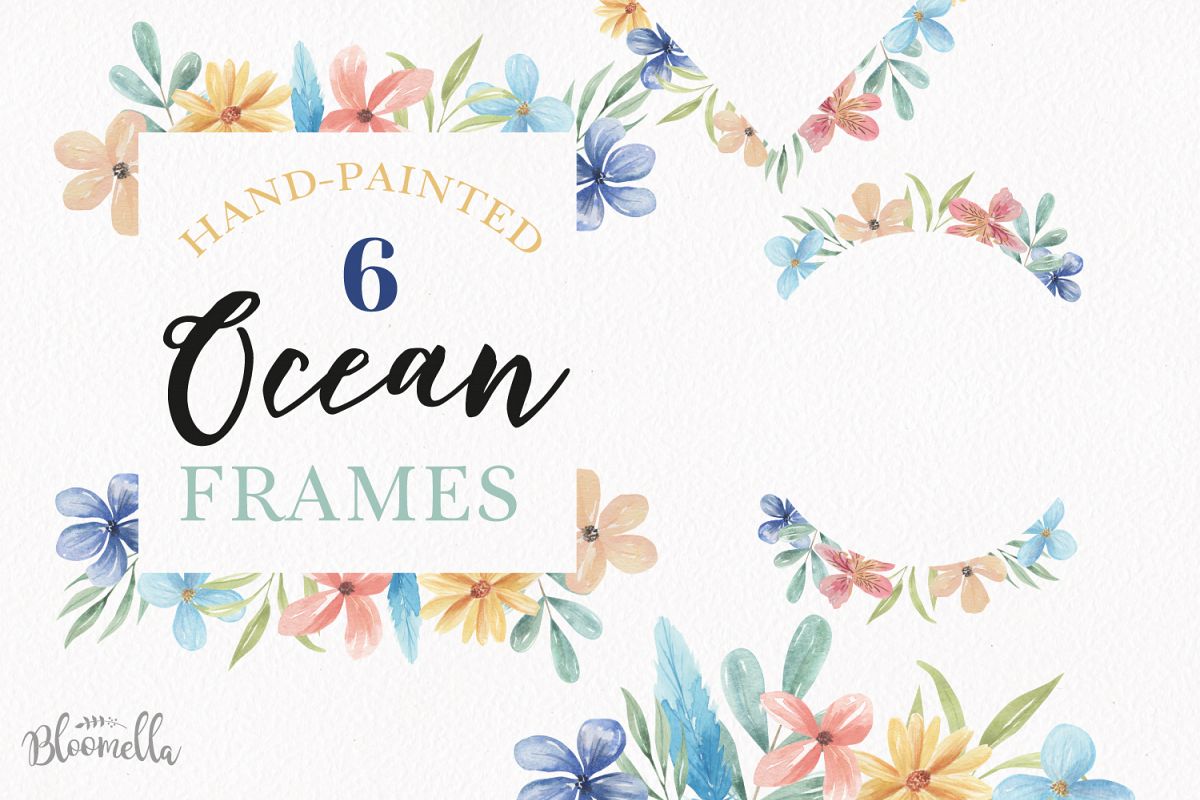 Watercolor Frames Borders Flowers Blue Pastel Set example image 1