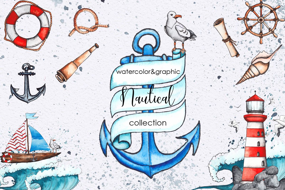 Watercolor & graphic nautical set example image 1