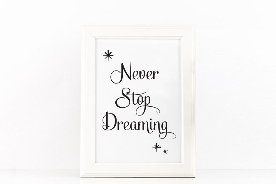 Never Stop Dreaming Poster Inspirational Quote to Print in Black + SVG files example image 1