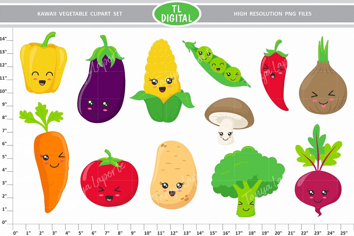 Kawaii Vegetable Clipart Set - PNG Files - 12 Graphics example image 1
