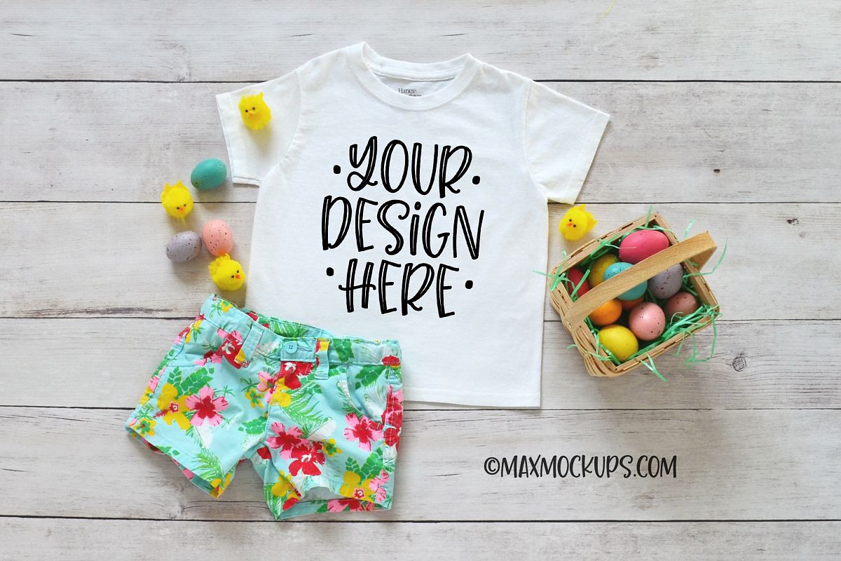 White kids shirt Easter mockup, shorts, Easter eggs and chic example image 1