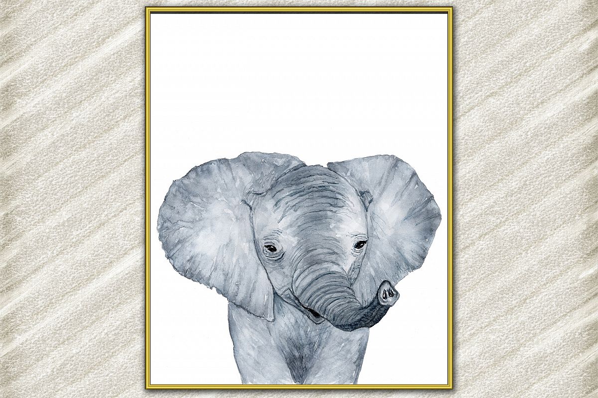 Little Elephant Poster,Watercolor Animal,Wild Baby Animal example image 1
