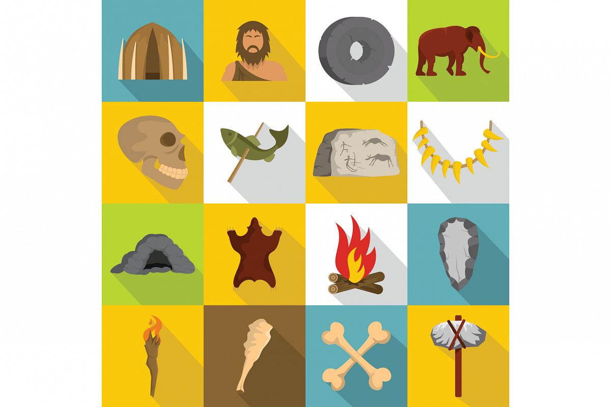 Caveman icons set, flat style example image 1