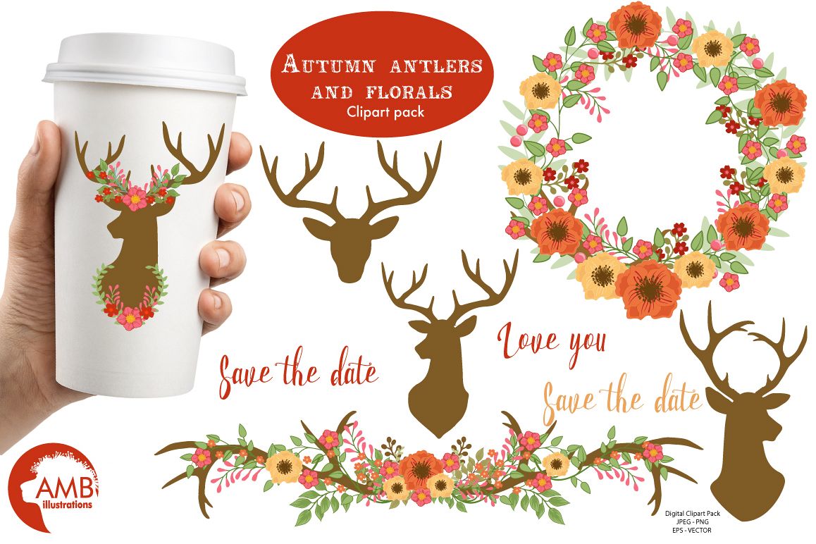Autumn Antlers and Florals cliparts, graphics and illustrations AMB-1488 example image 1