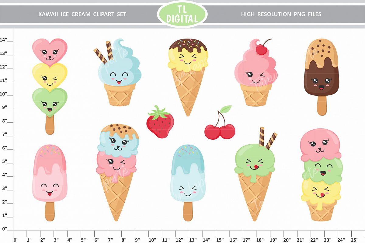 Kawaii Ice Cream Clipart Set - PNG Files - 12 Graphics example image 1