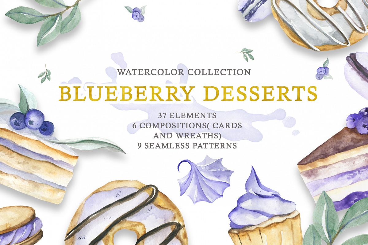 Watercolor collection of Blueberry Desserts example image 1