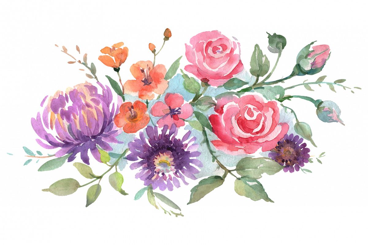 Bouquet with roses and asters Watercolor png example image 1