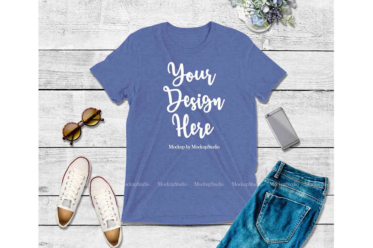 Blue Shirt Mock Up, Bella Canvas 3413 Tshirt Mockup Display example image 1