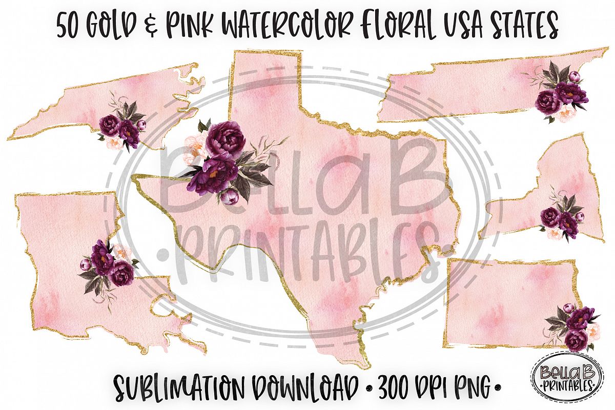 Gold and Pink Watercolor USA States Sublimation Bundle example image 1