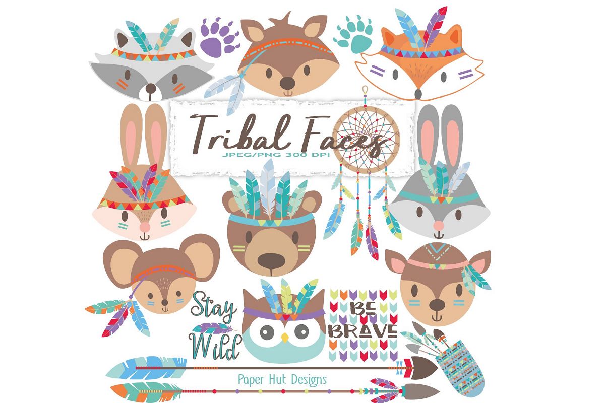 Tribal Animals Faces Clipart example image 1