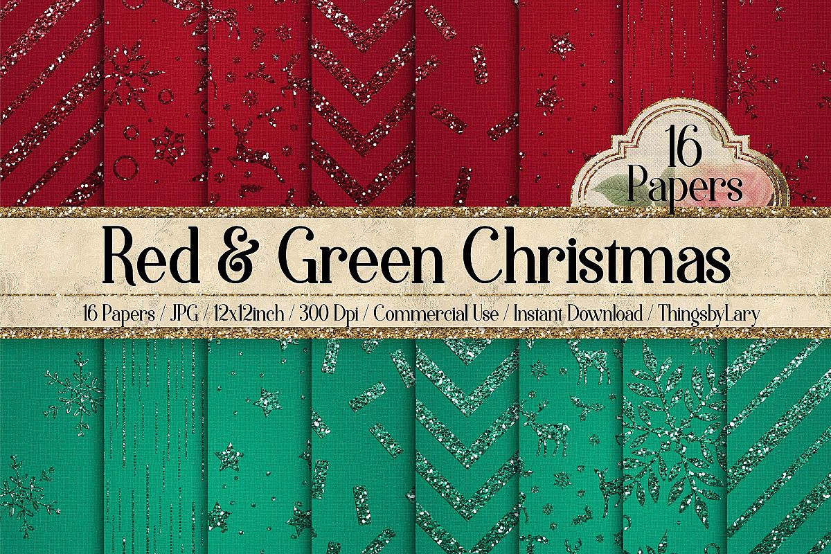16 Red and Green Glitter Christmas Printable Digital Papers example image 1