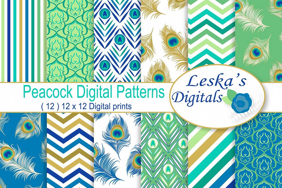 Peacock Digital Paper Patterns example image 1