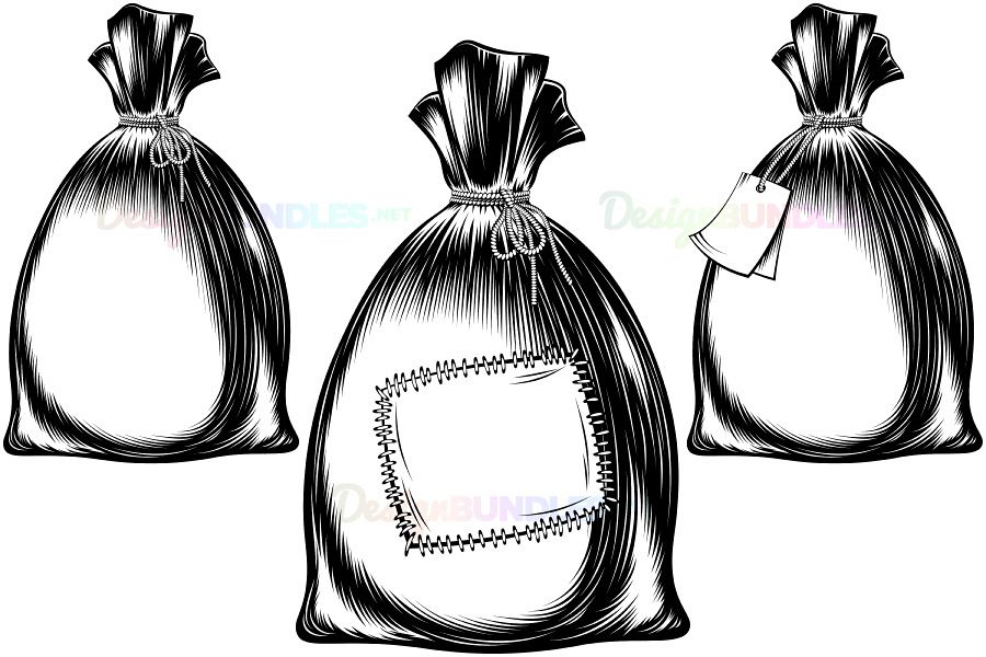 Vector Sack Bag Rope Monochrome Sketch Ink Hand Drawing Icon Set example image 1