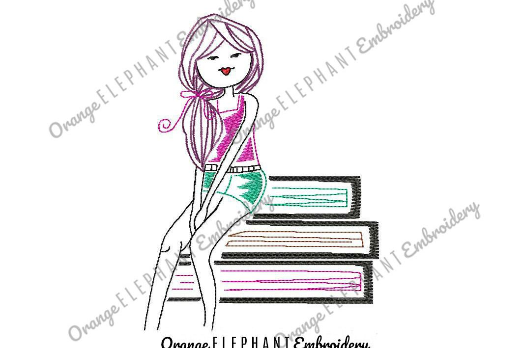 Read A Book Girl Hand Drawn Unique Urban Machine Embroidery Design digital File example image 1