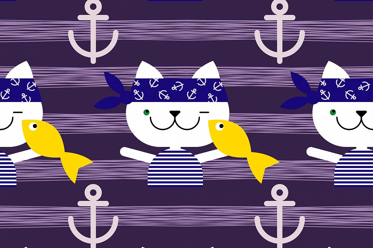 Seamless vector background with cats sailors. Cat with fish. Vector cute illustration. Textile rapport. example image 1