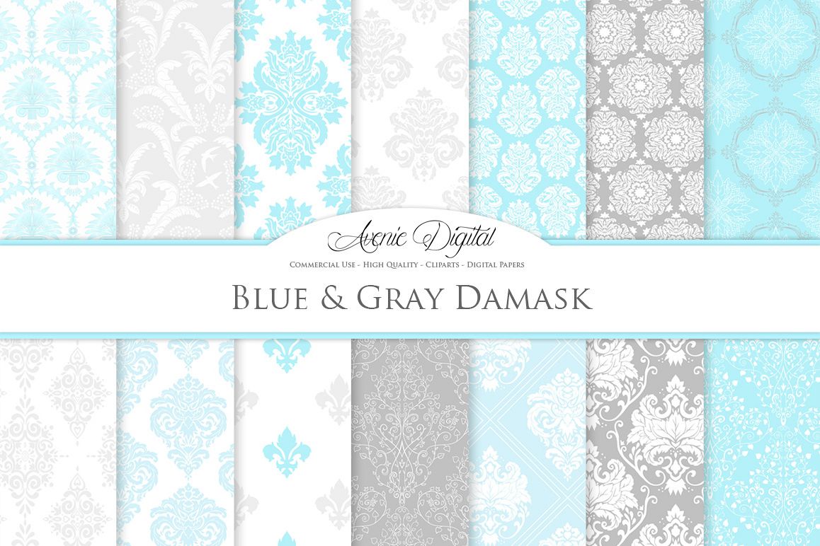Blue and Grey Damask Patterns - Seamless Digital Papers example image 1