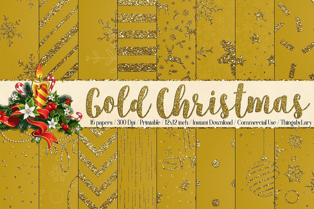 16 Gold Glitter Christmas Printable Digital Papers 12 inch example image 1