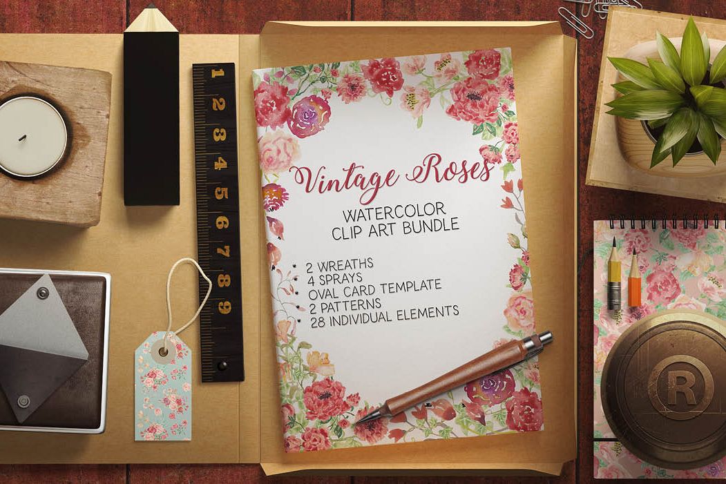 Watercolor clip art bundle: Vintage roses example image 1