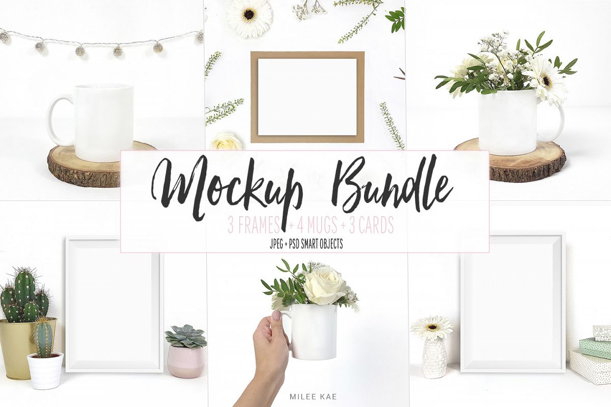 Mockup bundle, Frames, Mugs, Cards, JPG & PSD example image 1