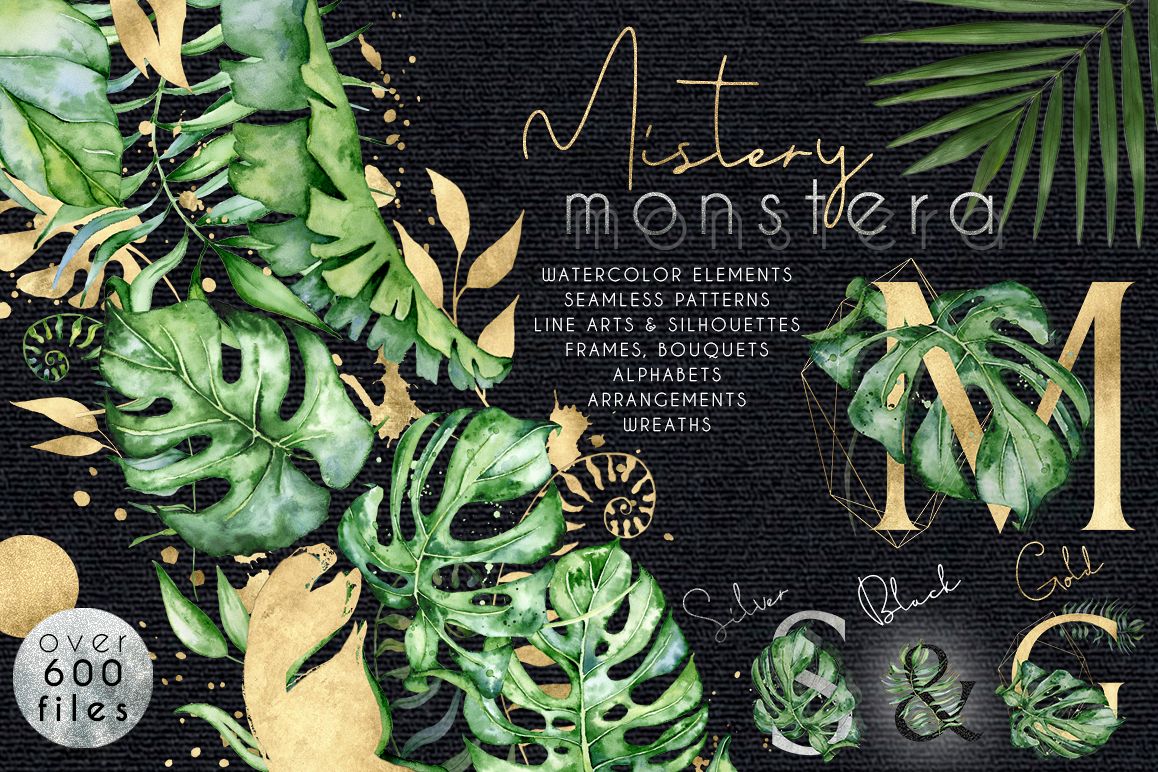 Mistery Monstera - tropical leaves watercolor illustration example image 1