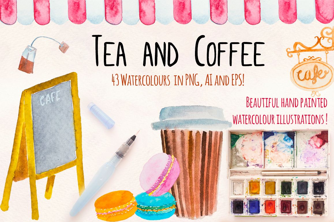 40 Tea and Coffee Watercolor Cafe Paintings example image 1