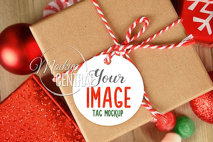 Gift Tag Present Christmas Mockup, Circle Round Tag Mock Up (349752