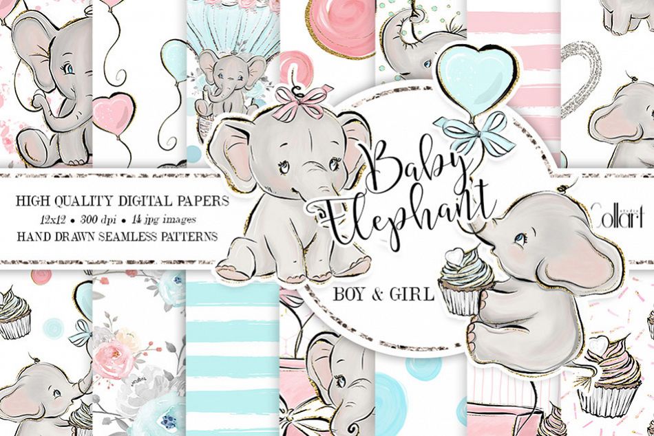 Elephant digital paper, baby boy papers, baby girl papers example image 1