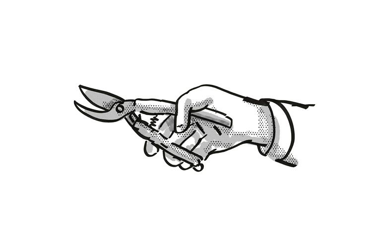 Hand holding Secateurs Garden Tool Cartoon Retro Drawing example image 1