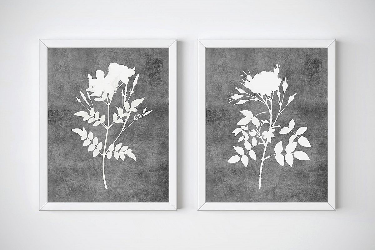 Gray Flower Print, Watercolor Wall Art Set of 2, Botanical example image 1