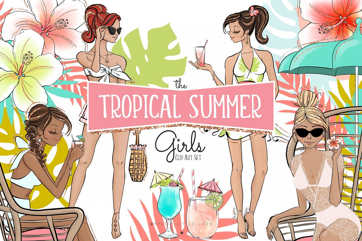 Tropical Summer Girls Clip Art example image 1
