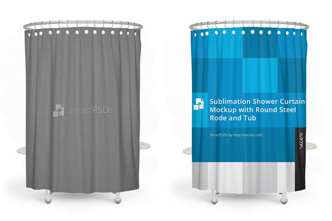 Sublimation Shower Curtain Mockup With Round Steel Rode And Tub