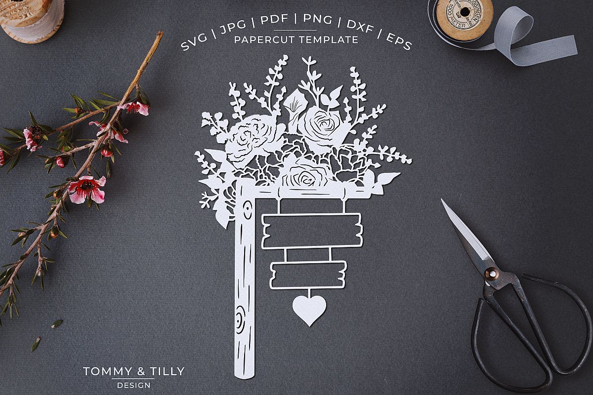 Romantic Floral Sign - Papercut Template SVG JPG PNG example image 1