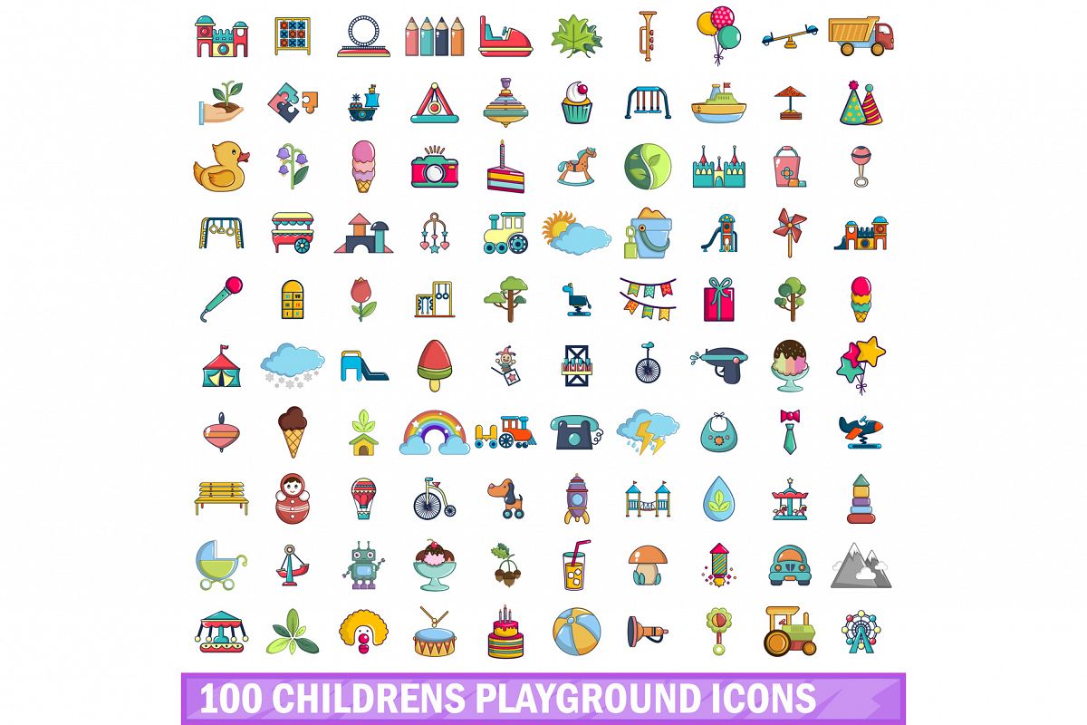 100 childrens playground icons set, cartoon style example image 1