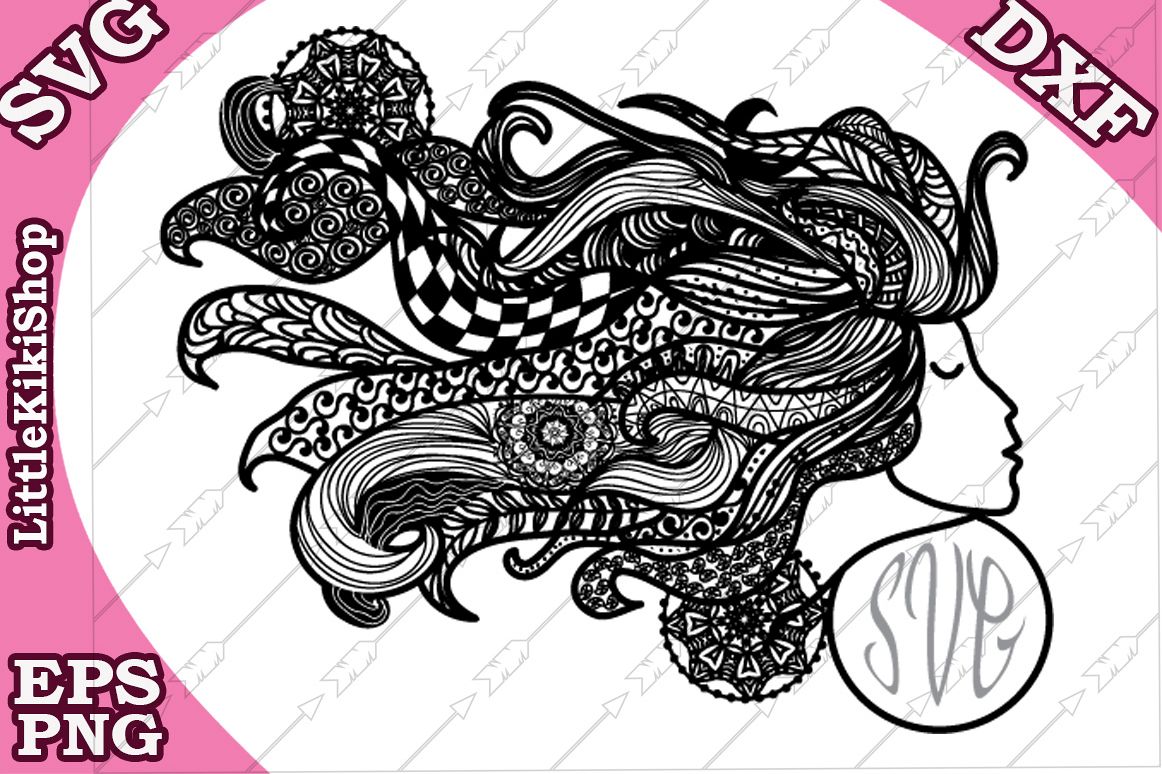 Zentangle Girl Monogram Svg, Mandala Girl Svg, Fair Girl cut example image 1