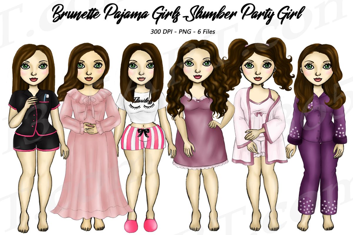 Pajama Girls Slumber Party Brunette Sleepover Clipart example image 1