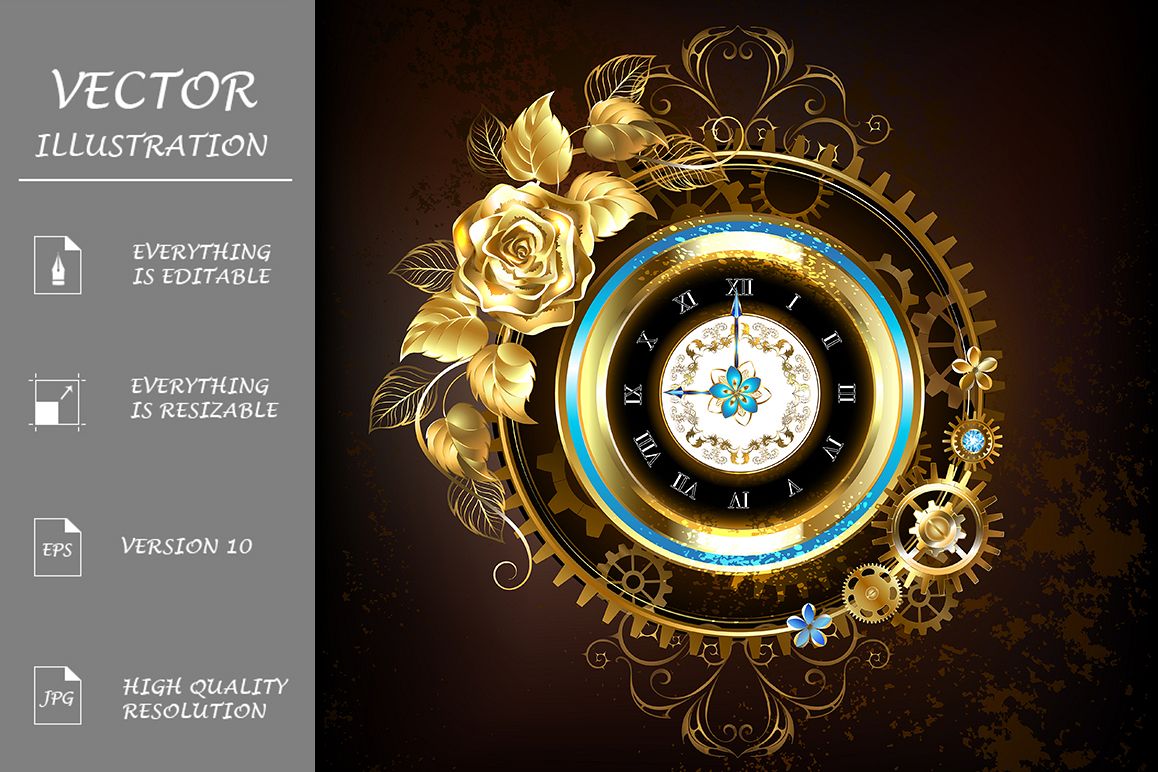 Gold Clock with Gold Rose Steampunk example image 1