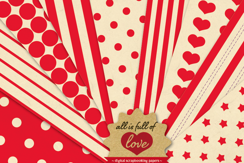 Red Background Patterns Retro Digital Paper Pack with Stripes, Dots, Stars and Hearts example image 1
