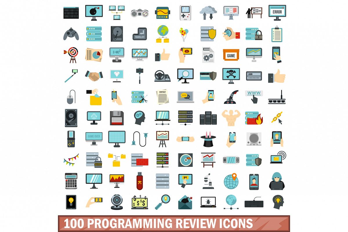 100 programming review icons set, flat style example image 1