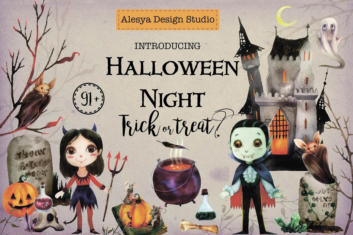 Halloween Night. Watercolor halloween characters. example image 1