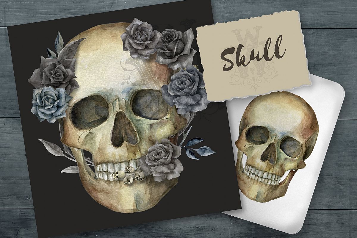 Watercolor skull, Halloween floral clipart example image 1