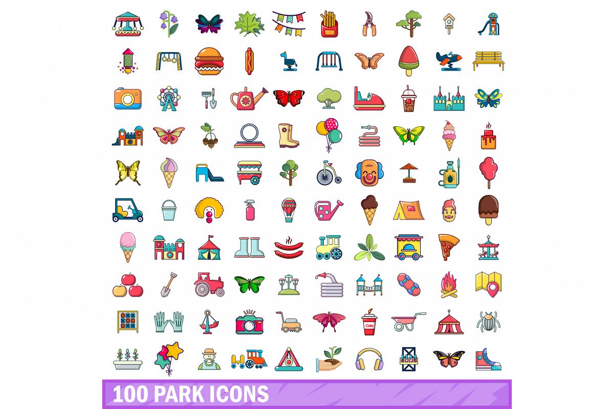 100 park icons set, cartoon style example image 1