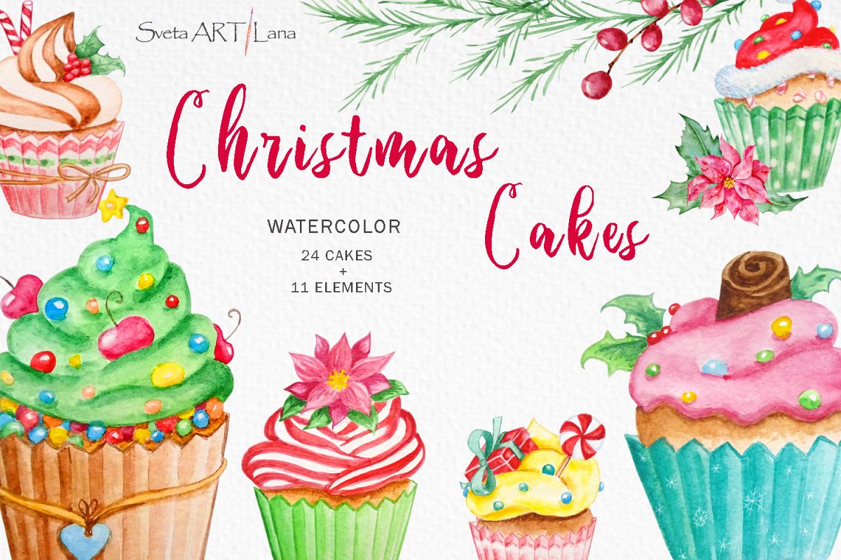 Christmas cupcakes clipart, watercolor cake example image 1