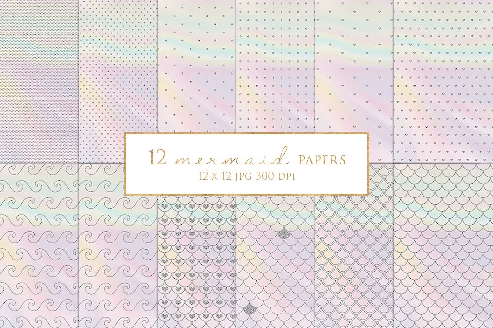 12 Silver Glitter Mermaid Digital Paper Pack example image 1