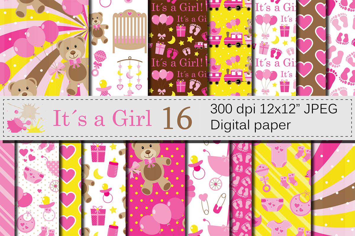 It`s a Girl Digital Paper Pack / Baby Girl Pink Digital Papers / Baby Shower backgrounds / Scrapbooking Printable Papers / Nursery Digital Paper example image 1