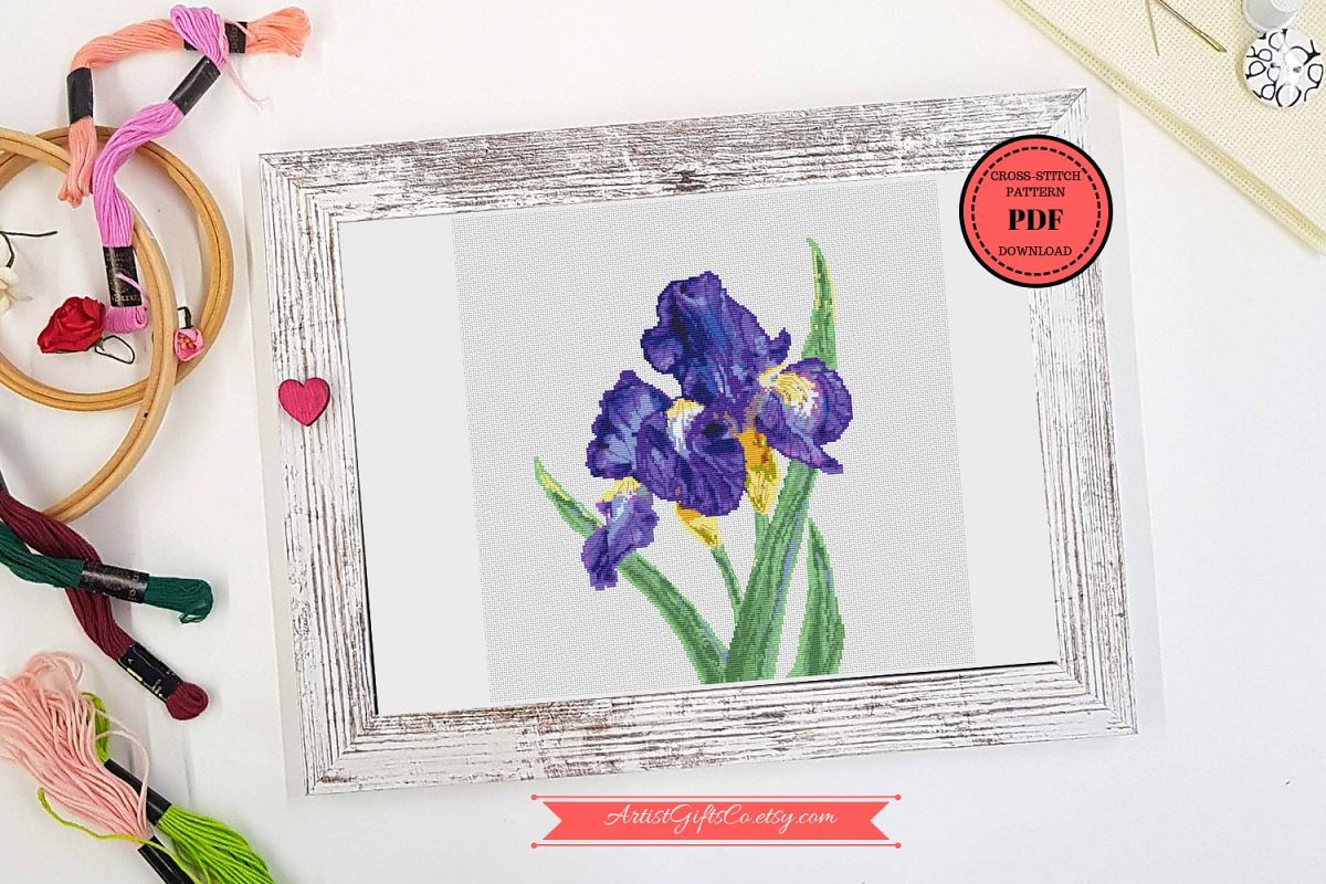 Botanical Art Cross stitch pattern PDF Iris Purple bouqets example image 1