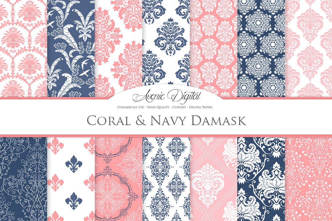 Coral and Navy Damask Patterns - Seamless Digital Papers example image 1