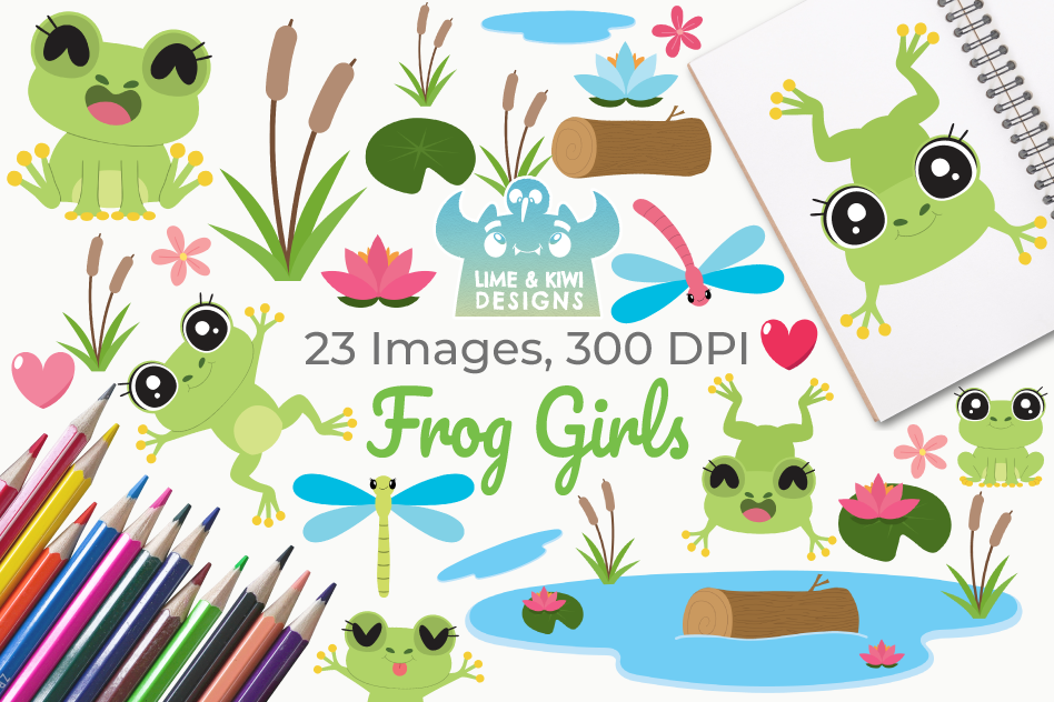 Frog Girls Clipart, Instant Download Vector Art example image 1
