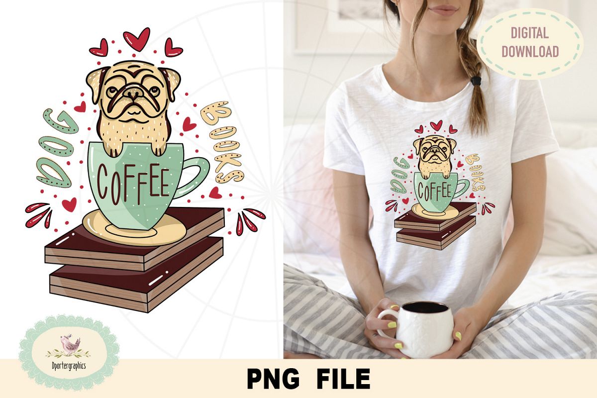 Coffee dog book, PNG file, sublimation, DTG print design example image 1
