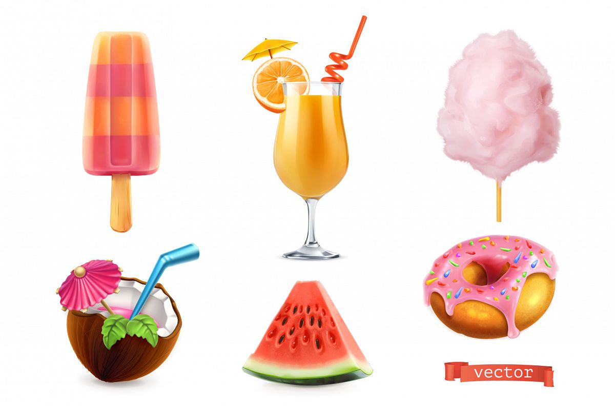 Orange juice, pink doughnut, coconut, cocktail, cotton candy example image 1